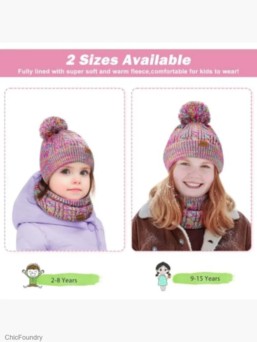 Kids Winter Hat Gloves Scarf Set, Knit Beanie Pom Fleece Lined Mittens Gaiter